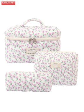 Cotton Quilted Travel Makeup Bag Set 3 Piece Large Toiletry Organizer Cute